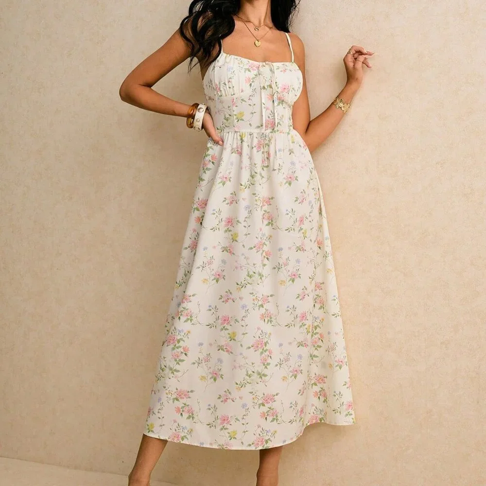 Multicolor Boho Women's Smocked Midi Sundress - Picture 5 of 8
